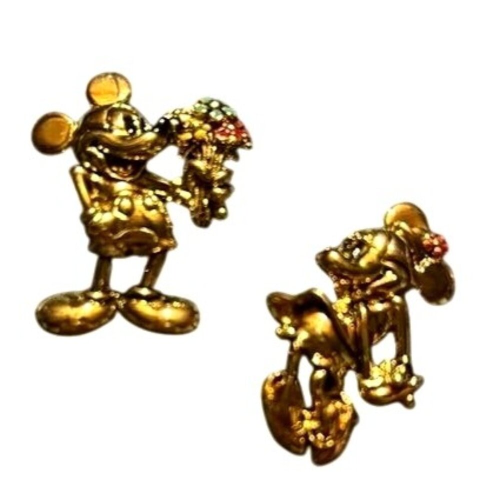 Vintage Disney Mickey and Minnie Mouse Gold-Toned Brooch Pins Set Rhinestones